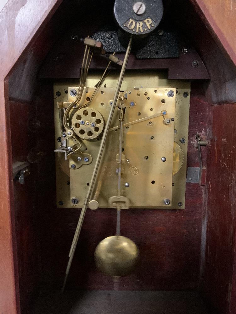 GUSTAV BECKER MAHOGANY DOME MANTEL CLOCK ON BRASS FEET SILVERED DIAL WITH PENDULUM AND KEY 43CM - Image 4 of 5