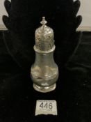 HALLMARKED SILVER BALUSTER SHAPED SUGAR SIFTER DATED 1928; MARKS RUBBED; A/F; 102 GRAMS