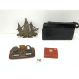 A VINTAGE MAPPIN & WEBB LIZARD SKIN HANDBAG, DOUBLE INK STAND, BRASS PIPE RACK AND PLAYING CARDS.