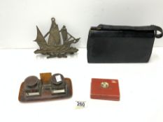 A VINTAGE MAPPIN & WEBB LIZARD SKIN HANDBAG, DOUBLE INK STAND, BRASS PIPE RACK AND PLAYING CARDS.