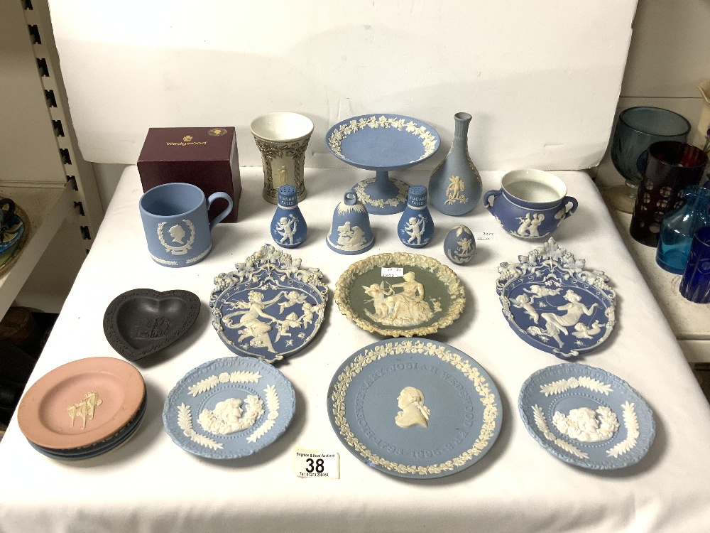 WEDGWOOD BLUE AND WHITE JASPER WARE COMPORT, AND QUANTITY OF MORE JASPER WARE ITEMS.