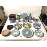 WEDGWOOD BLUE AND WHITE JASPER WARE COMPORT, AND QUANTITY OF MORE JASPER WARE ITEMS.