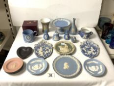 WEDGWOOD BLUE AND WHITE JASPER WARE COMPORT, AND QUANTITY OF MORE JASPER WARE ITEMS.