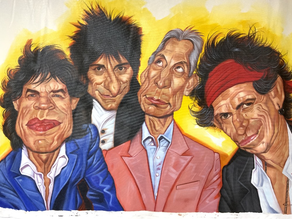 A CHARICATURE PAINTING ON CANVAS OF THE ROLLING STONES, 102X78 CMS. - Image 2 of 3