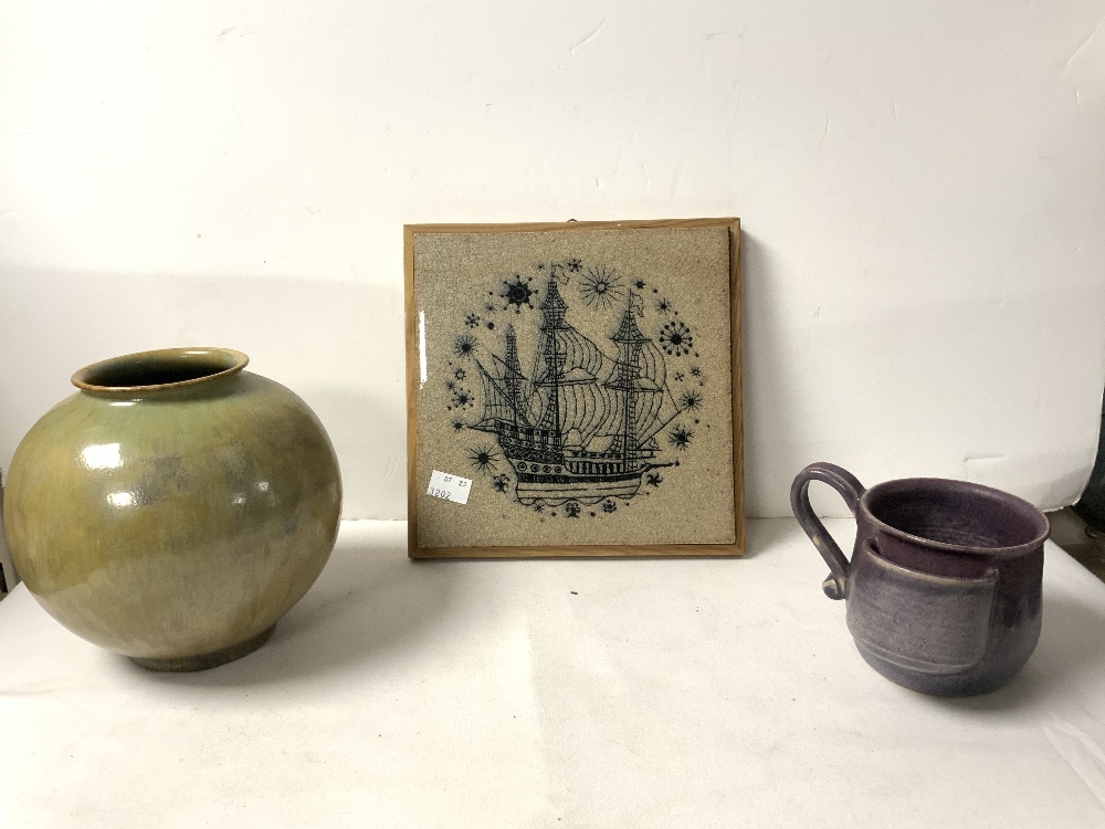 PORSGRUND NORWAY CERAMIC TILE WITH SHIP DECORATION, 22 CMS, DUTCH HIGH FIRED CERAMIC VASE, POTTERY - Image 5 of 7