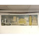 OIL ON PANEL OF DOCKLANDS AND BUILDINGS, WITH RAISED PAINTED STRING DECORATION, 42X140 CMS.