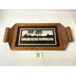 BUTTERFLY WING TWO HANDLED INLAID YEWOOD TRAY; 40X18 CMS.