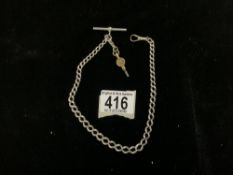 HALLMARKED SILVER WATCH CHAIN; 36CM WITH ATTACHED WATCH KEY; 29 GRAMS