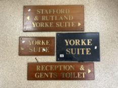 A SLATE AND 3 WOODEN HOTEL SIGNS WITH BRASS LETTERS.