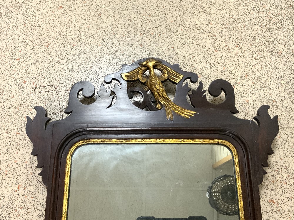 A REGENCY MAHOGANY AND GILT PHEONIX DECORATED FRETWORK WALL MIRROR; 48X90 CMS. - Image 2 of 3