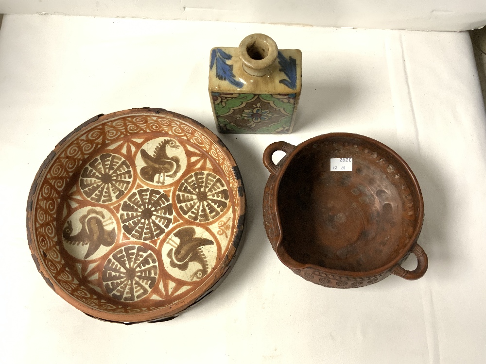 EASTERN GLAZED POTTERY FLASK, CIRCULAR POTTERY BOWL DECORATED WITH BIRDS; 25 CMS AND RED POTTERY - Image 2 of 4