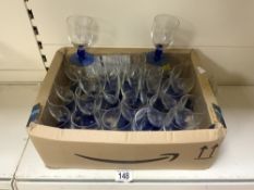 QUANTITY OF LUMINARC FRENCH BLUE AND CLEAR GLASS WINE GLASSES AND CHAMPAGNE FLUTES.