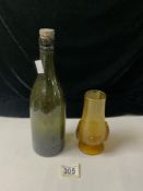 ANTIQUE GREEN BOTTLE BRIGHTON KEMP TOWN BREWERY; 30CM WITH AN AMBER GLASS VASE; 15.5CM
