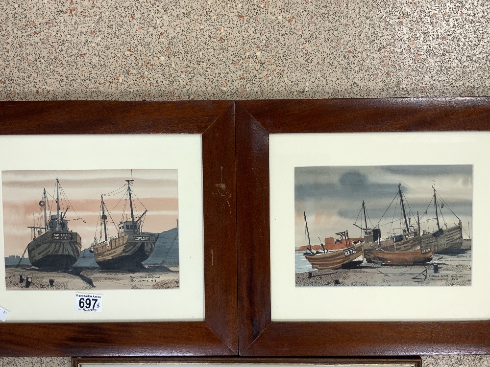 TWO JOHN WOOD 1970S WATERCOLOURS WITH ONE OTHER PRINT FISHING BOATS ON THE BEACH ALL FRAMED AND - Image 2 of 4