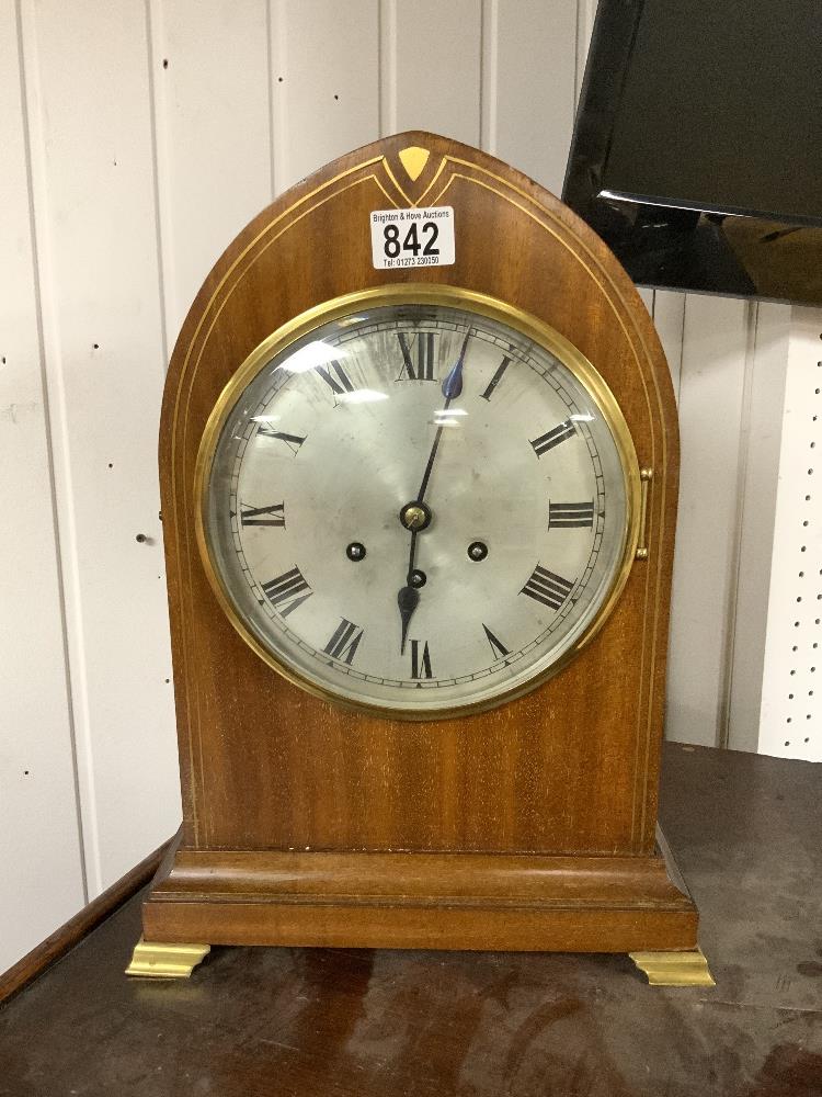 GUSTAV BECKER MAHOGANY DOME MANTEL CLOCK ON BRASS FEET SILVERED DIAL WITH PENDULUM AND KEY 43CM