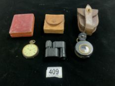 MIXED ITEMS: OMEGA POCKET WATCH; CASED, BRITEXO X 6 MONOCULAR; CASED, COMPASS MARKED J.C.L
