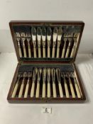 SET OF 12 PLATED FISH KNIVES AND FORKS IN FITTED BOX.