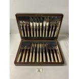 SET OF 12 PLATED FISH KNIVES AND FORKS IN FITTED BOX.