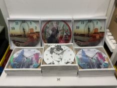 TEN MODERN PICTURE WALL CLOCKS WITH SCENES OF LONDON, NEW YORK, MARILYN MONROE AND OTHERS.