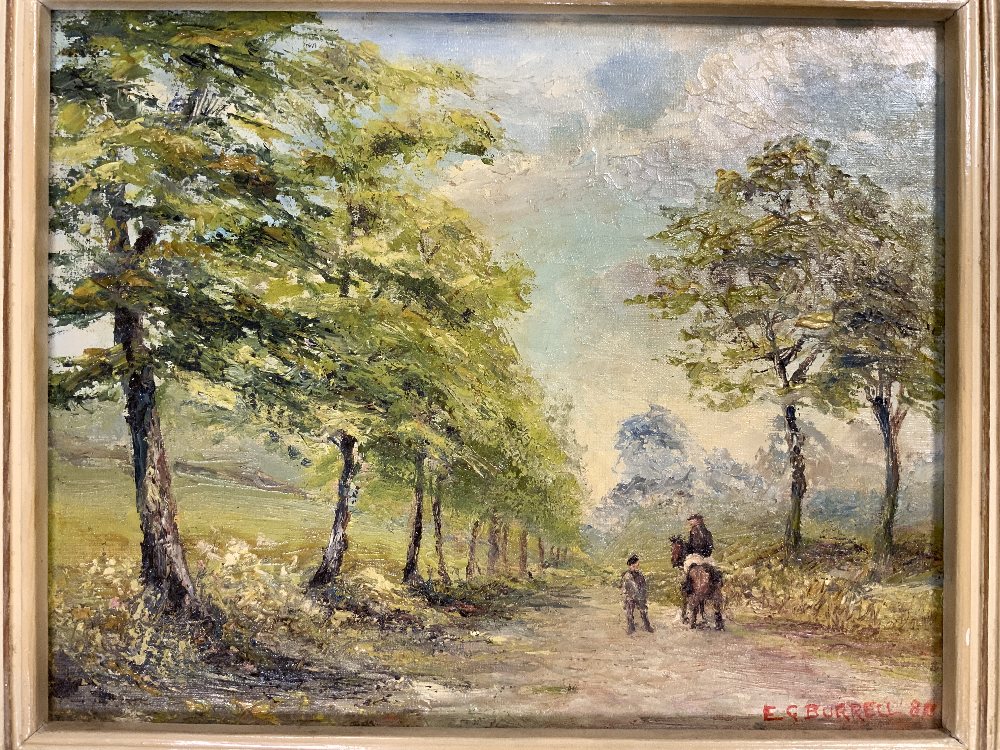 OIL ON BOARD - FIGURE ON HORSE BACK ON A COUNTRY LANE, 29X23 CMS. - Image 2 of 5