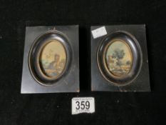 TWO VICTORIAN OVAL HAND PAINTED MINIATURES IN EBONY FRAMES 12.5 X 10CM