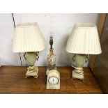 A PAIR OF ORNATE ONYX AND GILT METAL MOUNTED TABLE LAMPS, 36 CMS, ANOTHER TABLE LAMP, AND ONYX CLOCK