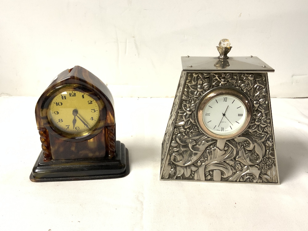 ART NOUVEAU STYLE SILVER-PLATED DESK CLOCK WITH QUARTZ MOVEMENT AND 3 BEDSIDE CLOCKS. - Image 3 of 4