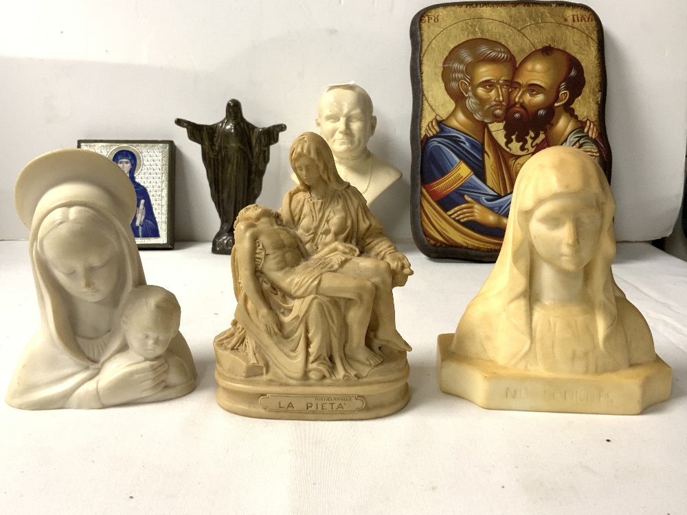 BRONZE FIGURE OF CHRIST, 14 CMS, RESIN BUSTS OF THE POPE, ICO AND 2 RELIGOUS FIGURES BUSTS. - Image 3 of 4