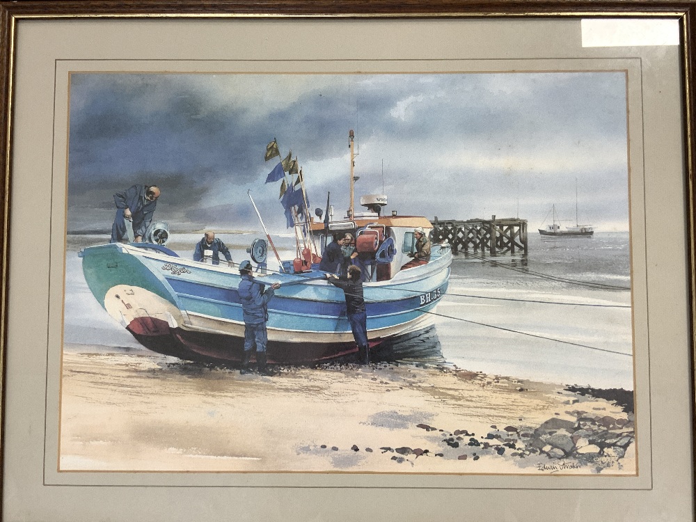 TWO JOHN WOOD 1970S WATERCOLOURS WITH ONE OTHER PRINT FISHING BOATS ON THE BEACH ALL FRAMED AND - Image 3 of 4