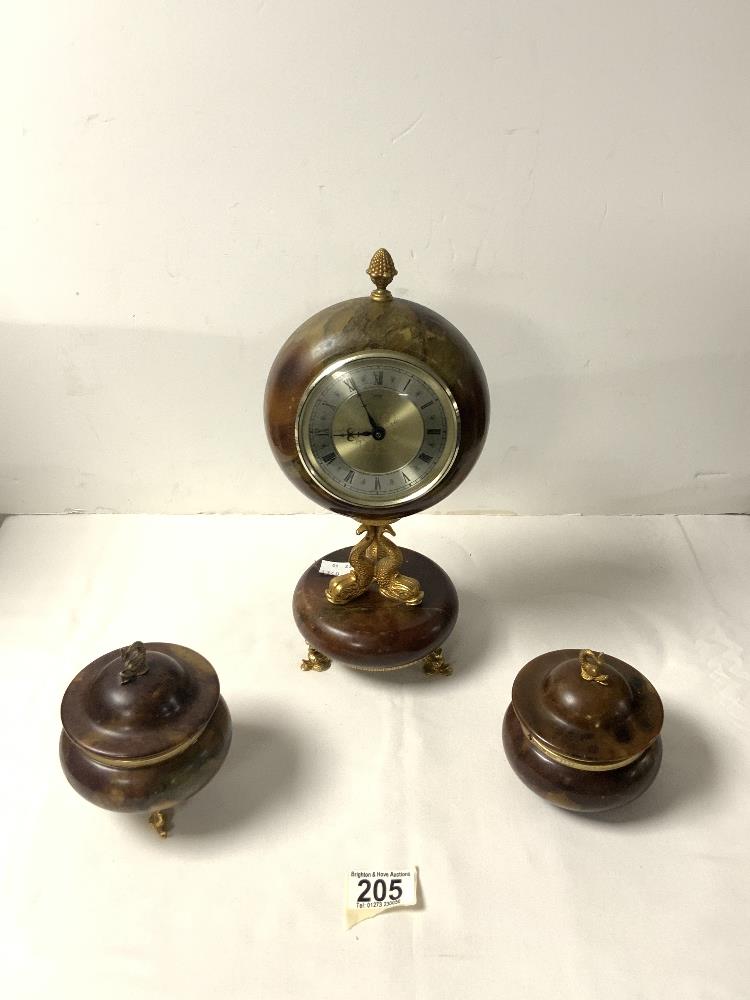 ALABASTER CIRCULAR CLOCK SET; BATTERY MOVEMENT; BY XAVIER OF LONDON.