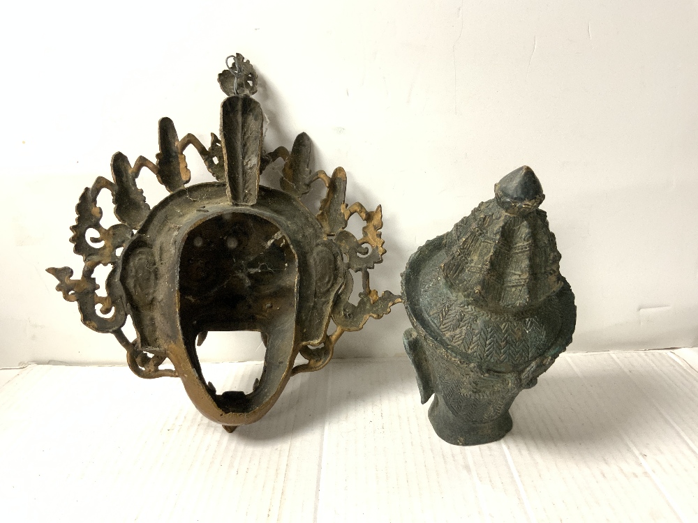 A 20TH-CENTURY TIBETAN BRONZE MAHAKALA MASK AND ASIAN IRON BUDDHA HEAD. - Image 3 of 3