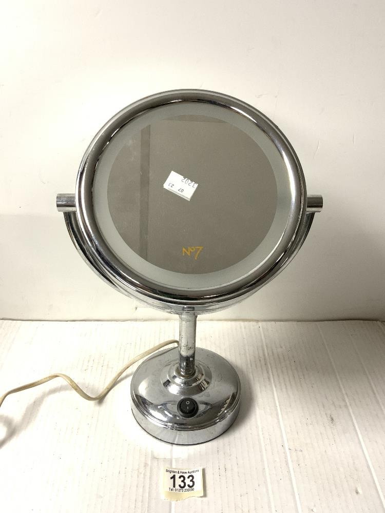 A NO 7 COSMETIC CHROME MIRROR MADE FOR THE BOOTS COMPANY, 36 CMS.