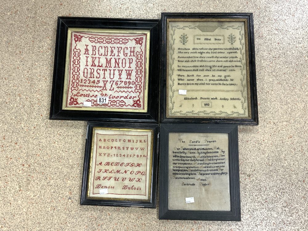 FOUR EARLY FRAMED AND GLAZED SAMPLERS FROM 1813 ONWARDS LARGEST 41 X 33CM