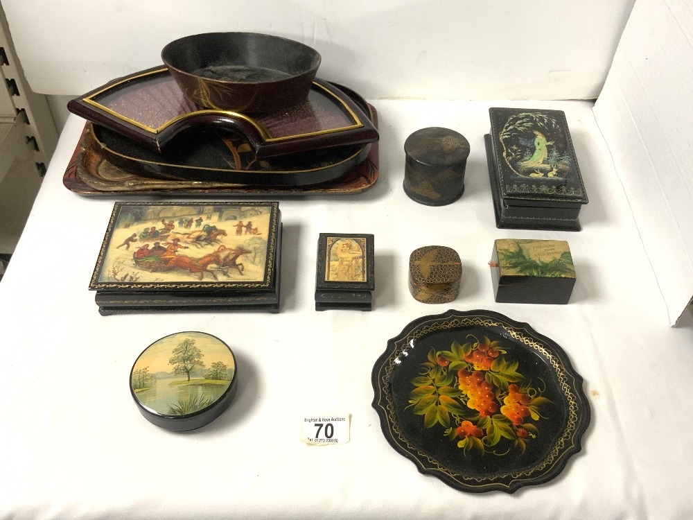 SMALL JAPANESE LACQUER WARES AND TWO RUSSIAN PAPIER MACHE LACQUER BOXES.