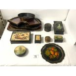 SMALL JAPANESE LACQUER WARES AND TWO RUSSIAN PAPIER MACHE LACQUER BOXES.