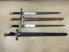 FOUR REPLICA FANTASY ARMING SWORDS, INCLUDES EXCALIBUR AND LONG CLAW FROM GAME OF THRONES.