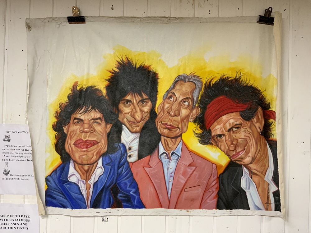 A CHARICATURE PAINTING ON CANVAS OF THE ROLLING STONES, 102X78 CMS.