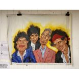 A CHARICATURE PAINTING ON CANVAS OF THE ROLLING STONES, 102X78 CMS.