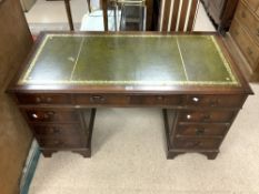 REPRODUCTION MAHOGANY LEATHER TOP PEDESTAL DESK, WITH GREEN TOOLED LEATHER TOP, 136X68X74 CMS.