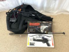 A MODERN CROSSBOW WITH CASE AND ARROWS, A GHECKO BRAND PISTOL CROSSBOW IN BOX, AND A BLOW PIPE.