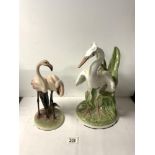 ITALIAN CERAMIC FIGURE OF A HERON; 38 CMS AND AUSTRIAN PORCELAIN FIGURE OF FLAMINGOS A/F.