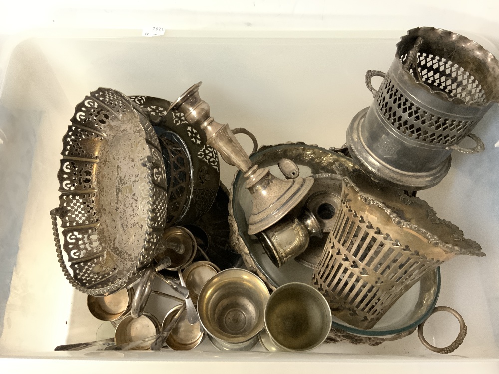 SILVER PLATED BOTTLE HOLDER AND OTHER MIXED PLATED WARE.