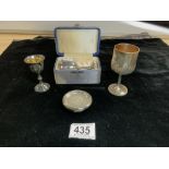 MIXED HALLMARKED SILVER AND PLATE PIECES INCLUDES HALLMARKED SILVER CUP; 10.5CM