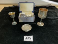MIXED HALLMARKED SILVER AND PLATE PIECES INCLUDES HALLMARKED SILVER CUP; 10.5CM
