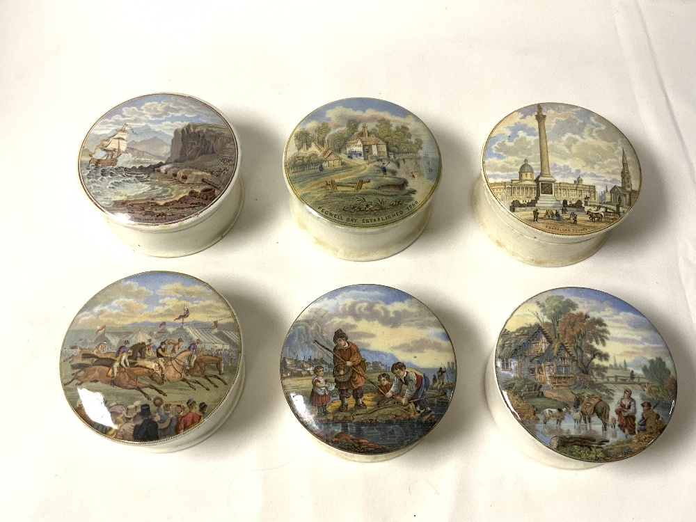 SIX VICTORIAN PRATTWARE POT LIDS WITH BASES INCLUDING " TRAFALGER SQUARE " DERBY DAY AND PEGWELL - Image 2 of 4