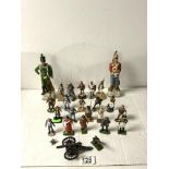 BRITAINS PAINTED LEAD SOLDIERS AND OTHERS AND TWO PORCELAIN FIGURES OF OFFICERS.