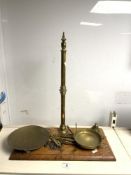 LARGE SET OF VICTORIAN BRASS BALANCE SCALES ON MAHOGANY BASE, BY AVERY.