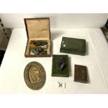 A BOOK FORM BRONZED MOUNTED DESK WEIGHT AND OVAL EMBOSSED BRASS DISH ETC.