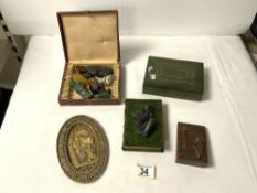 A BOOK FORM BRONZED MOUNTED DESK WEIGHT AND OVAL EMBOSSED BRASS DISH ETC.