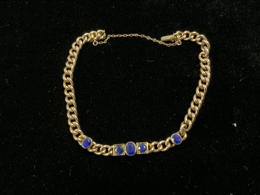 HIGH GRADE YELLOW METAL BRACELET WITH BLUE SAPPHIRES; UNMARKED; 17.5 GRAMS - Image 3 of 6